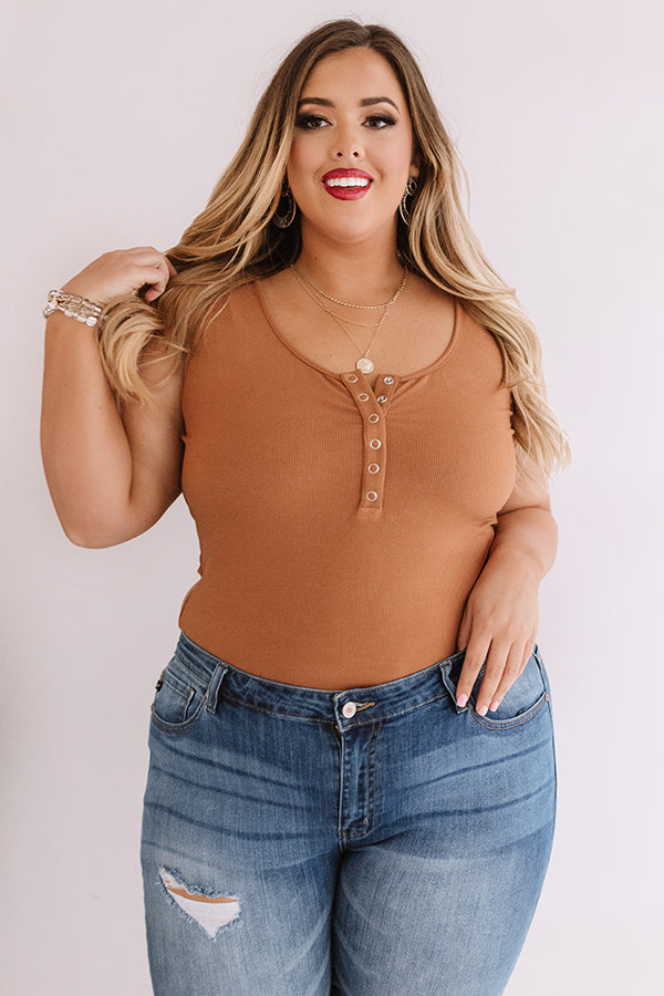 Best Coast Henley Bodysuit In Camel Curves-Beginning Fashion
