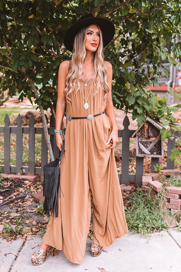 First Dance Flutters Jumpsuit In Camel-Beginning Fashion