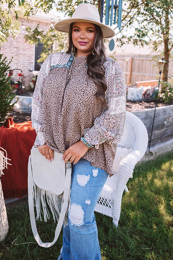 Botanical Brunch Shift Top In Mocha   Curves-Beginning Fashion