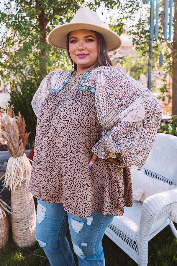 Botanical Brunch Shift Top In Mocha   Curves-Beginning Fashion