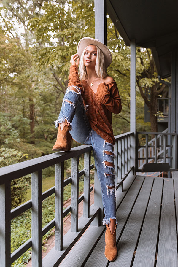 Haystack Waffle Knit Top In Dark Camel-Beginning Fashion