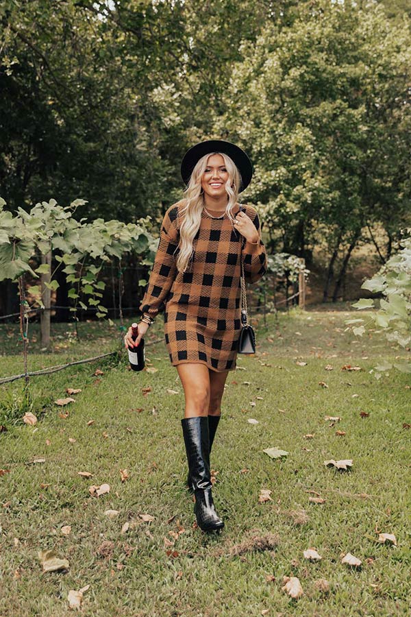 Fall Transition Plaid Sweater Dress In Camel-Beginning Fashion
