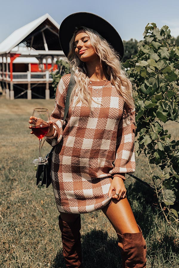 Fall Transition Plaid Sweater Dress In Mocha-Beginning Fashion