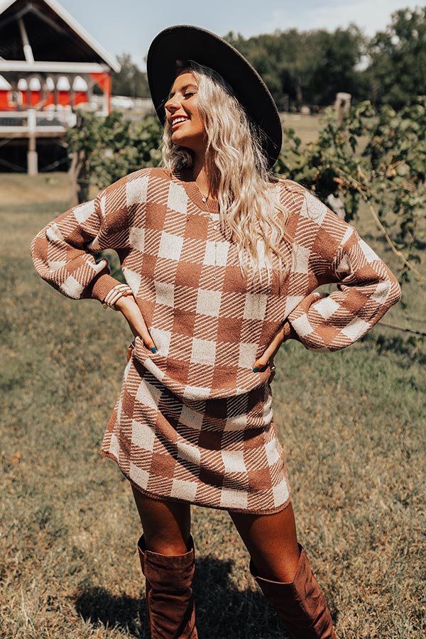 Fall Transition Plaid Sweater Dress In Mocha-Beginning Fashion