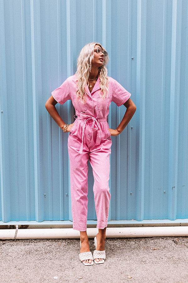 Capturing Memories Denim Jumpsuit in Pink-Beginning Fashion