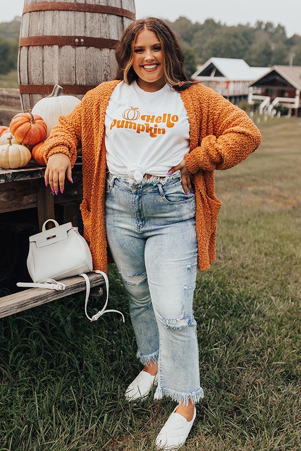 Hello Pumpkin Graphic Tee In White Curves-Beginning Fashion