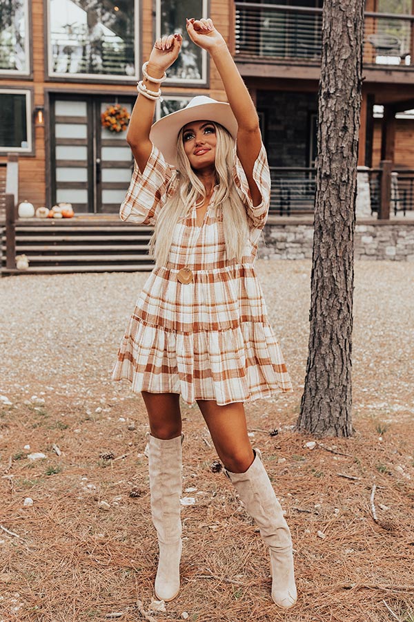 Boho In Soho Plaid Shift Dress in Camel-Beginning Fashion
