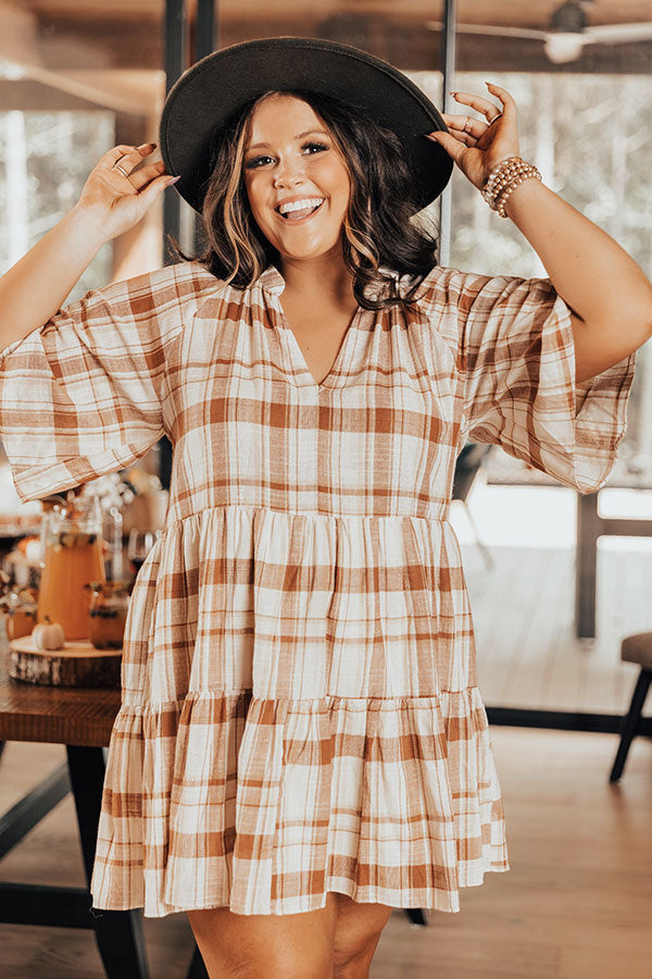 Boho In Soho Plaid Shift Dress in Camel Curves-Beginning Fashion
