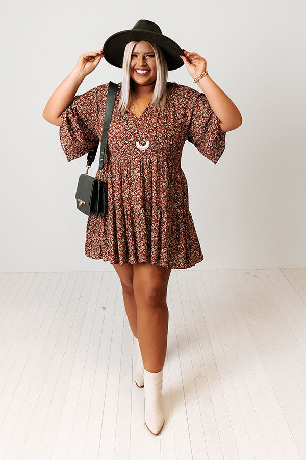 Boho In Soho Floral Shift Dress in Rust Curves-Beginning Fashion