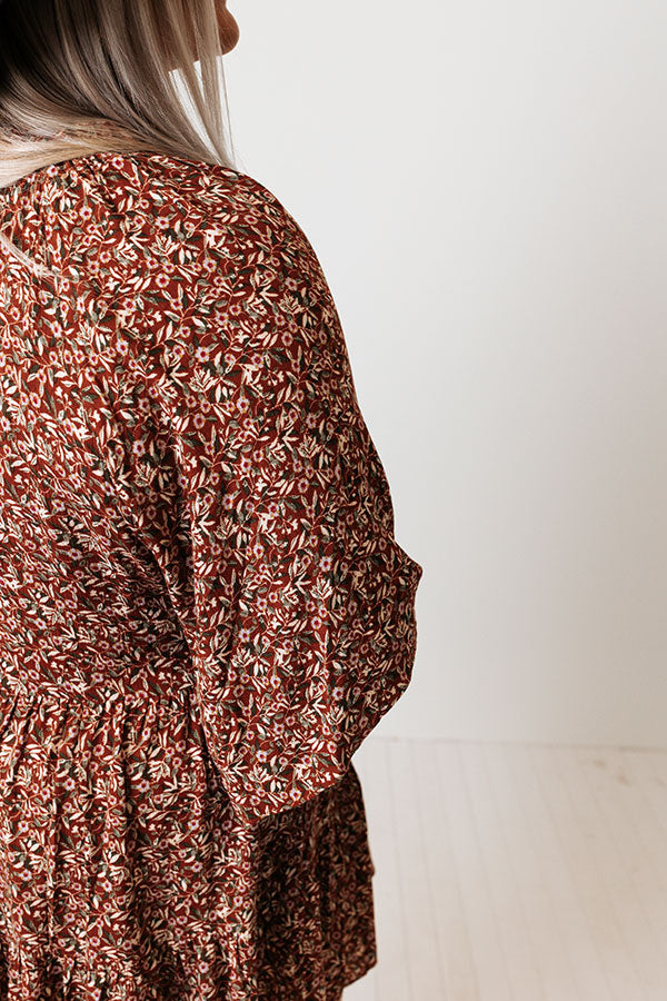 Boho In Soho Floral Shift Dress in Rust Curves-Beginning Fashion