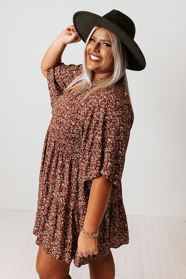 Boho In Soho Floral Shift Dress in Rust Curves-Beginning Fashion