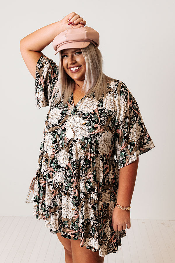Boho In Soho Floral Shift Dress in Black Curves-Beginning Fashion