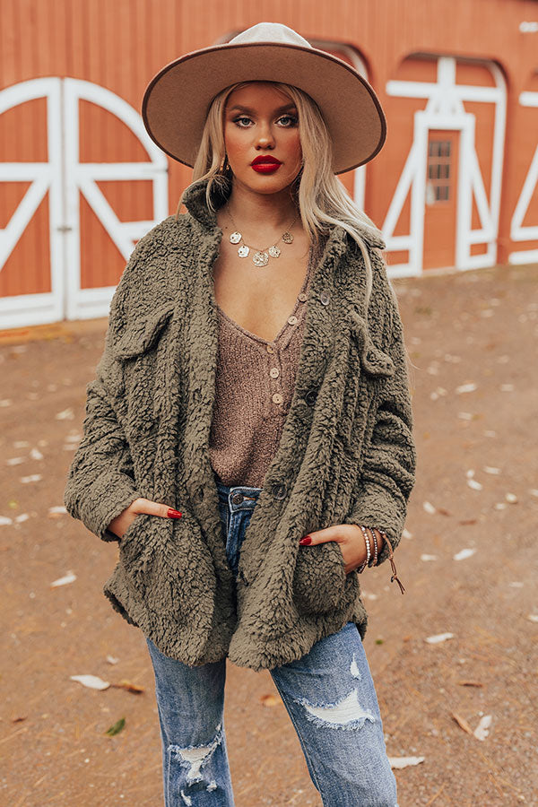 Extra Snuggles Sherpa Jacket In Olive-Beginning Fashion