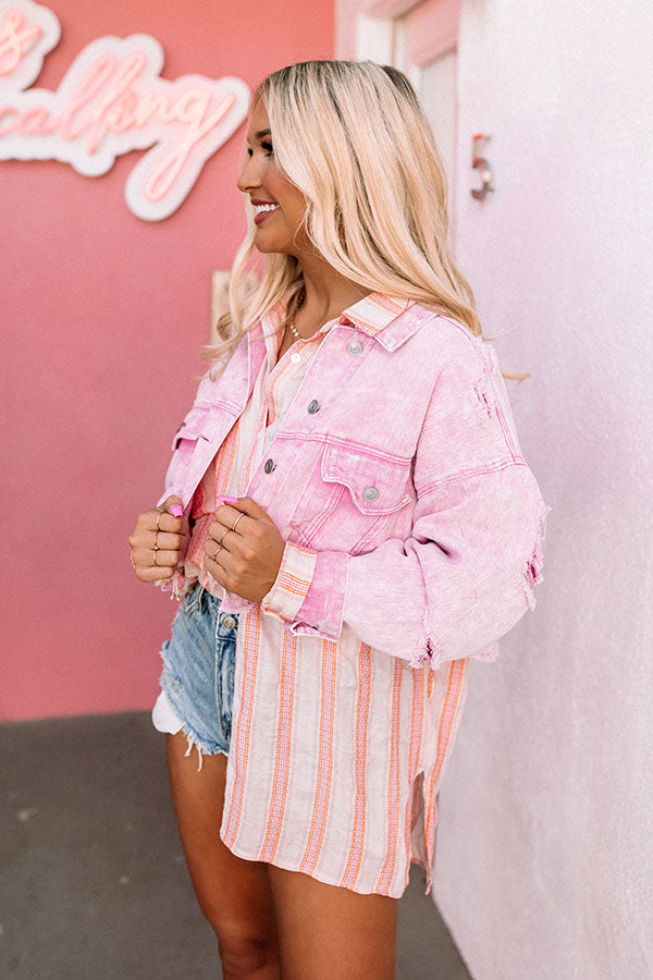 Famous Forever Distressed Denim Jacket In Pink-Beginning Fashion