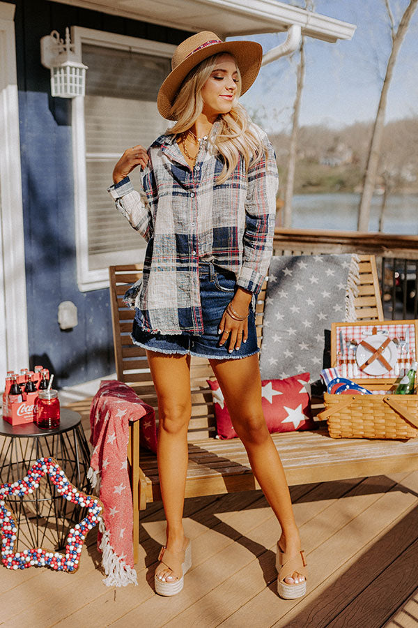 Around The Boardwalk Plaid Button Up In Navy-Beginning Fashion