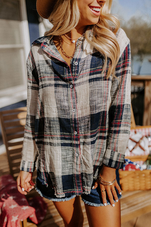 Around The Boardwalk Plaid Button Up In Navy-Beginning Fashion