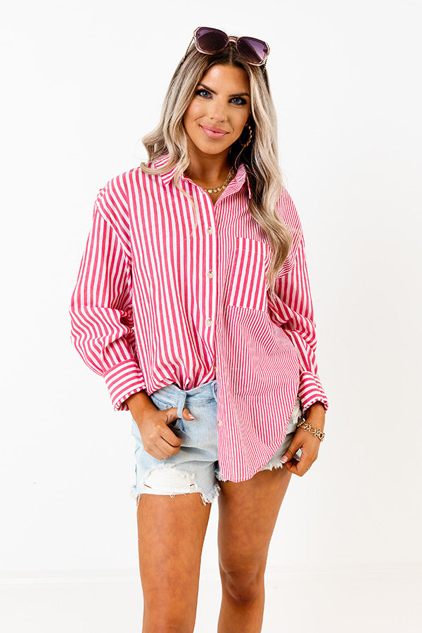 Boating Day Stripe Button Up In Hot Pink-Beginning Fashion