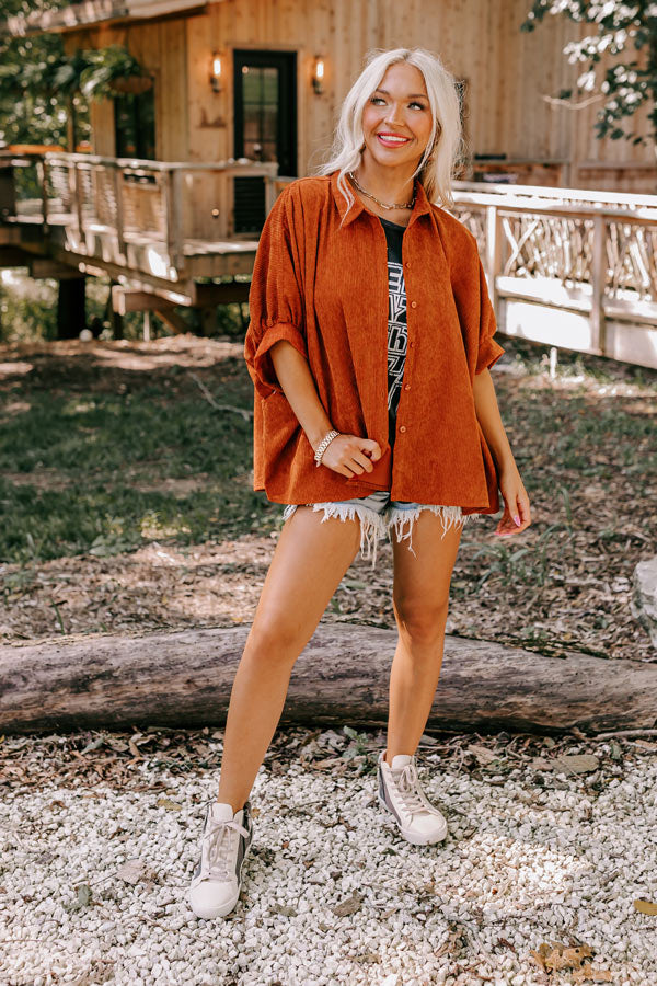 Balcony Brunch Corduroy Button Up in Rust-Beginning Fashion