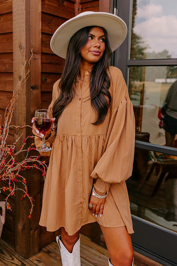 Cafe Patio Button Down Mini Dress in Camel-Beginning Fashion