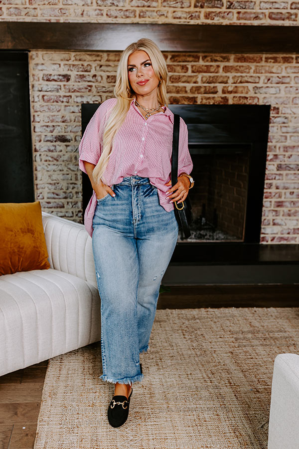 Casually Chic Stripe Button Up In Pink Curves-Beginning Fashion