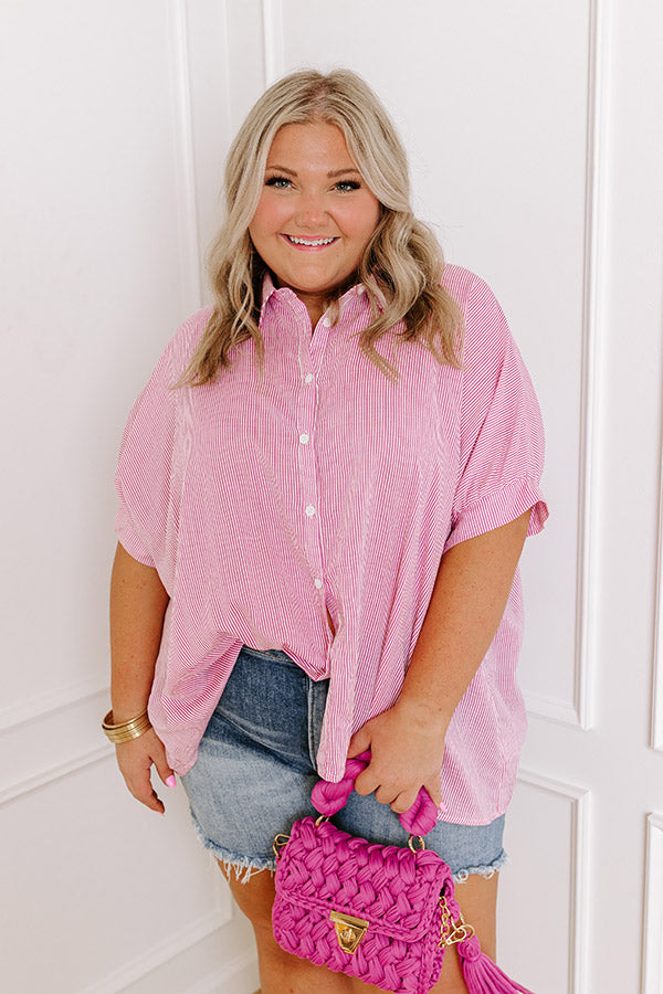 Casually Chic Stripe Button Up In Pink Curves-Beginning Fashion