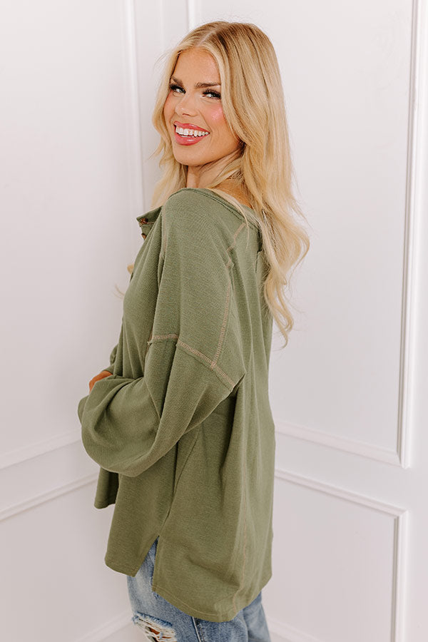 Cafe Cutie Henley Tee in Olive Curves-Beginning Fashion