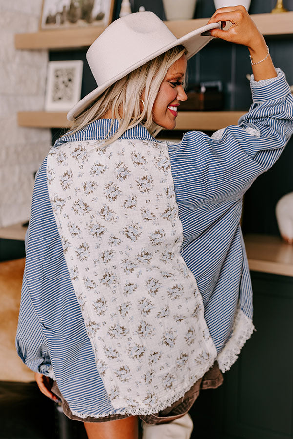 Boho Chic Lace Button Up in Blue-Beginning Fashion
