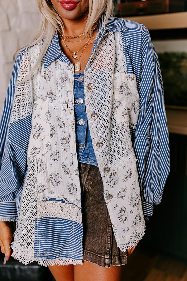 Boho Chic Lace Button Up in Blue-Beginning Fashion