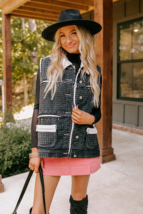 Denver Dreams Pearl Embellished Denim Vest in Black-Beginning Fashion