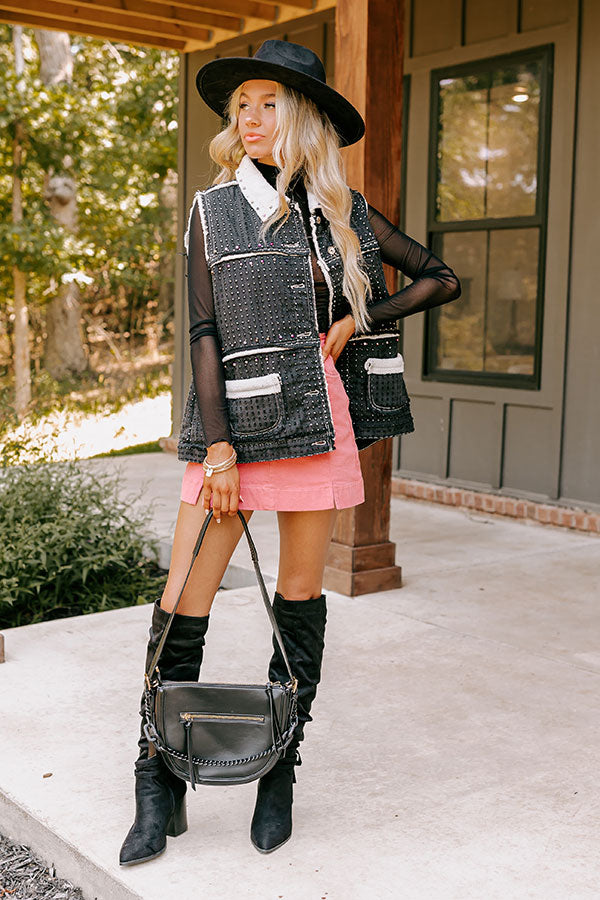 Denver Dreams Pearl Embellished Denim Vest in Black-Beginning Fashion