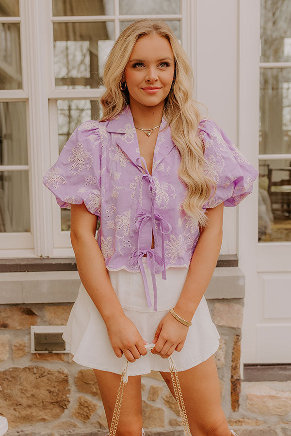 Boho Moment Eyelet Front Tie Top in Lavender-Beginning Fashion
