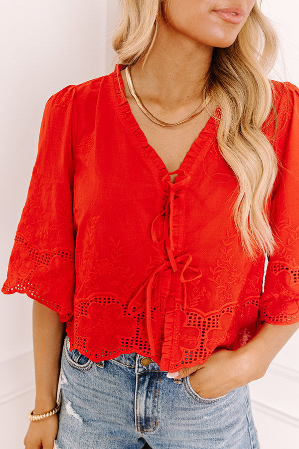 Boho Charm Embroidered Front Tie Top in Red-Beginning Fashion