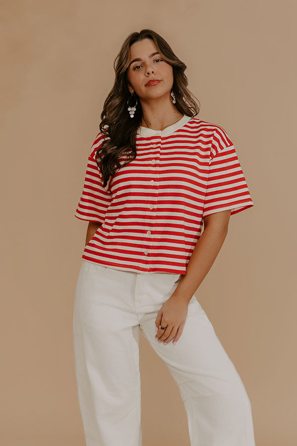 Harbor Line Stripe Button Up Top in Red-Beginning Fashion