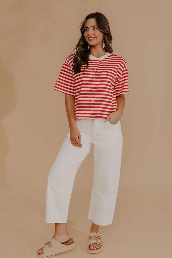 Harbor Line Stripe Button Up Top in Red-Beginning Fashion