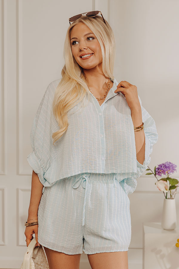 Coastal Ease Oversized Crop Button Up Top in Powder Blue-Beginning Fashion