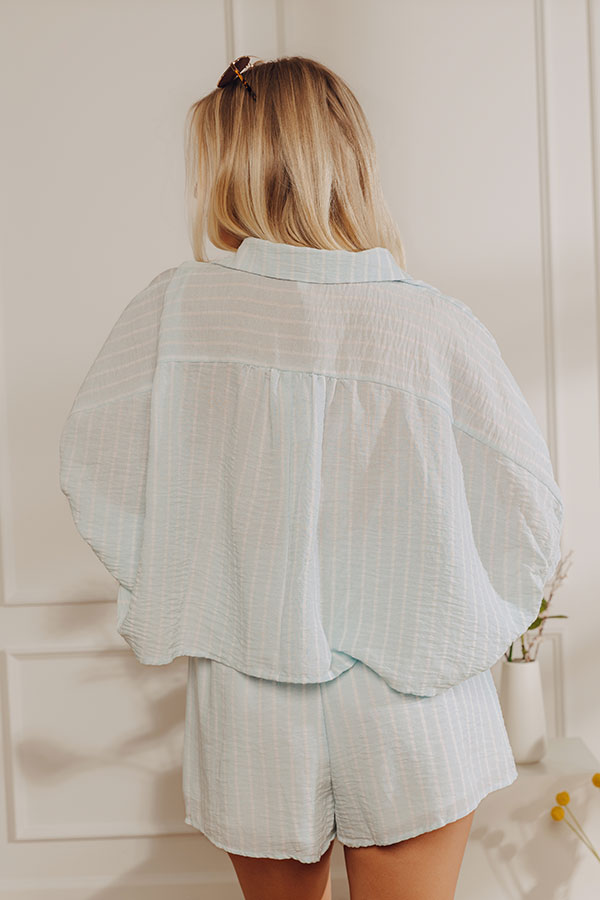 Coastal Ease Oversized Crop Button Up Top in Powder Blue-Beginning Fashion