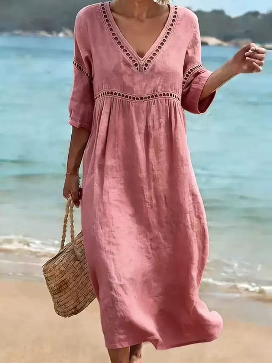 Mikela - Midi Kleid Mit V-ausschnitt Und Durchbrochenem Besatz