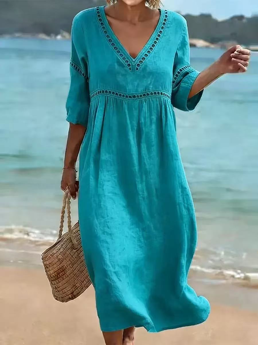 Mikela - Midi Kleid Mit V-ausschnitt Und Durchbrochenem Besatz