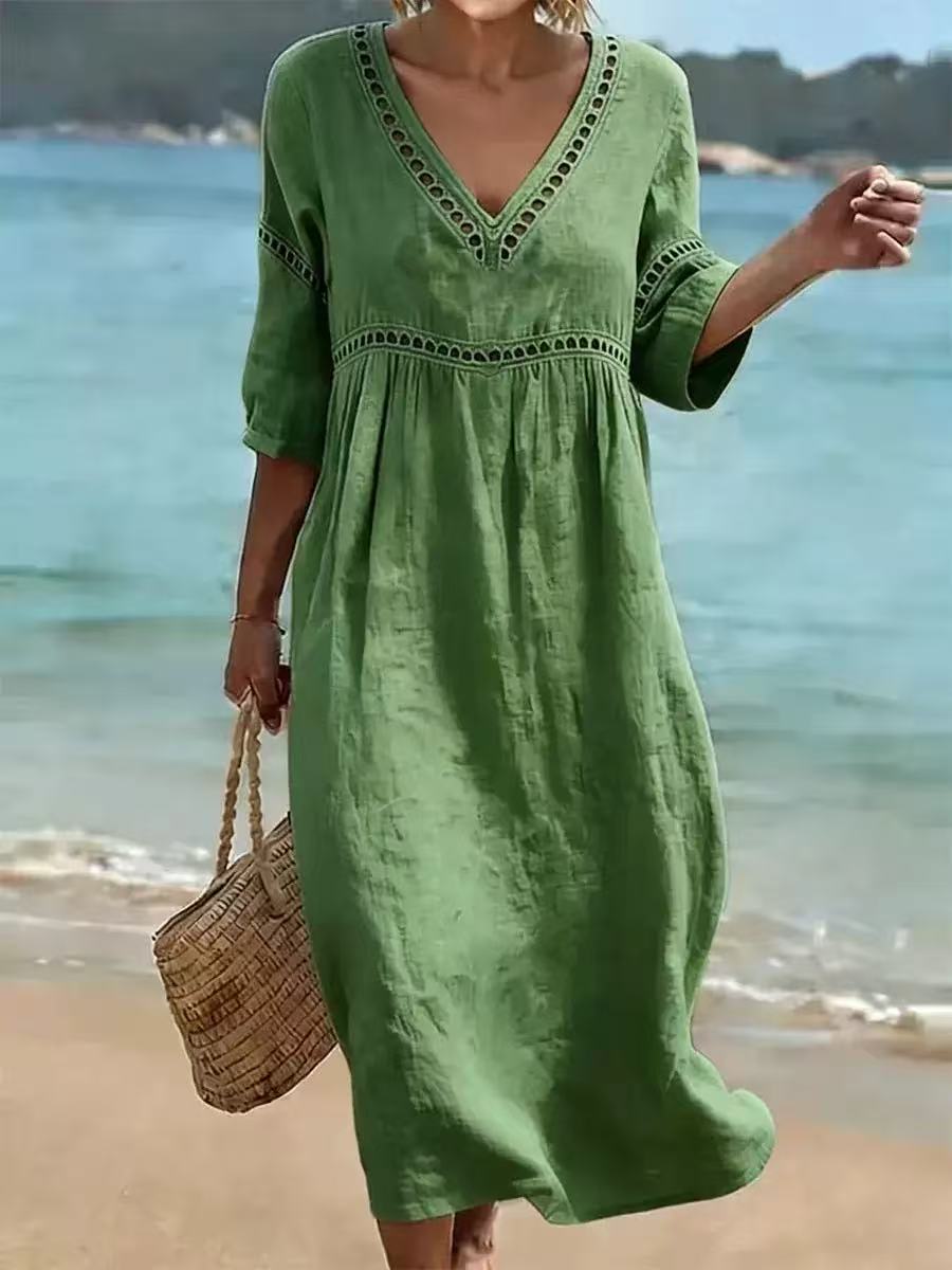 Mikela - Midi Kleid Mit V-ausschnitt Und Durchbrochenem Besatz