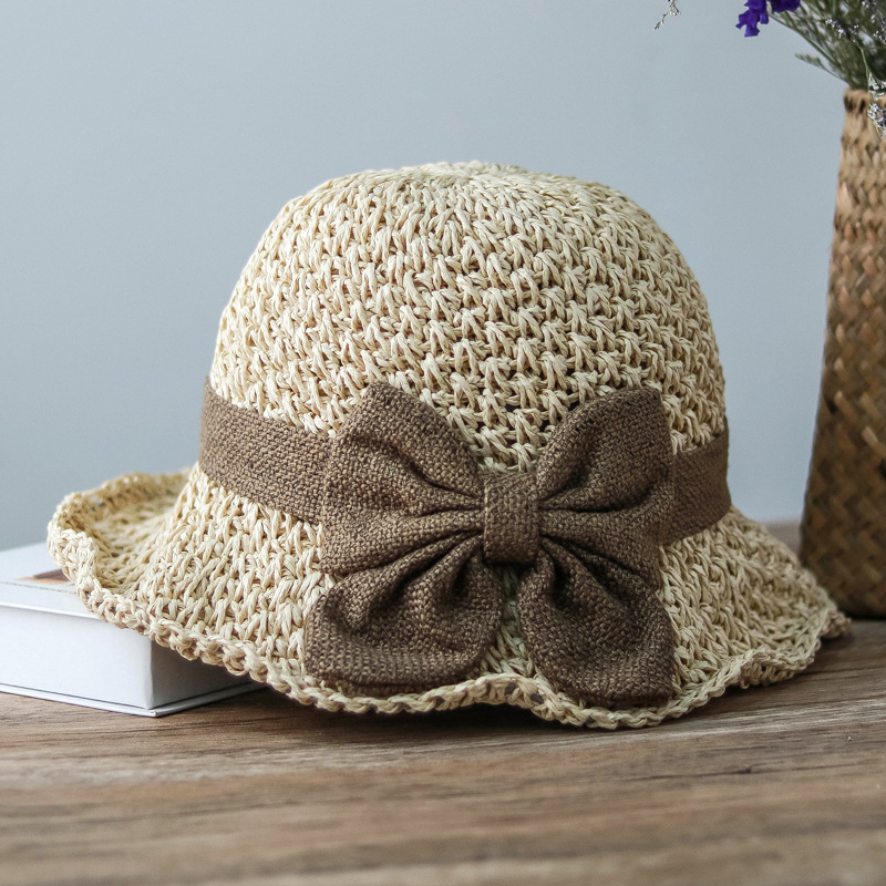 Versatile Retro Woven Straw Hat with Ruffled Bow - Foldable Breathable Sun Hat for Women, Elegant Handmade Beach & Travel Accessory