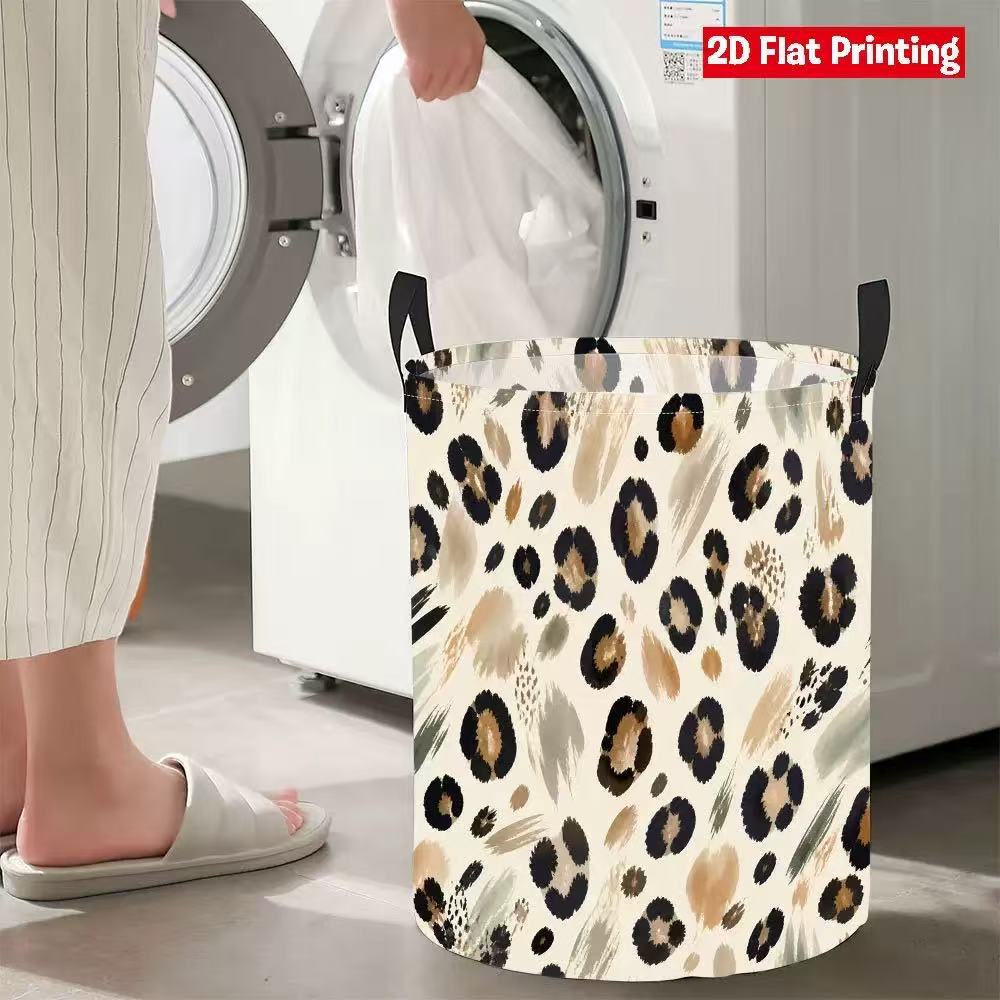 Leopard Print Round Laundry Basket, 35×50cm Waterproof Foldable Clothes Storage Bin with Reinforced Handles, 2D Flat Printing Dirty Clothes Organizer for Bedroom Bathroom Dorm