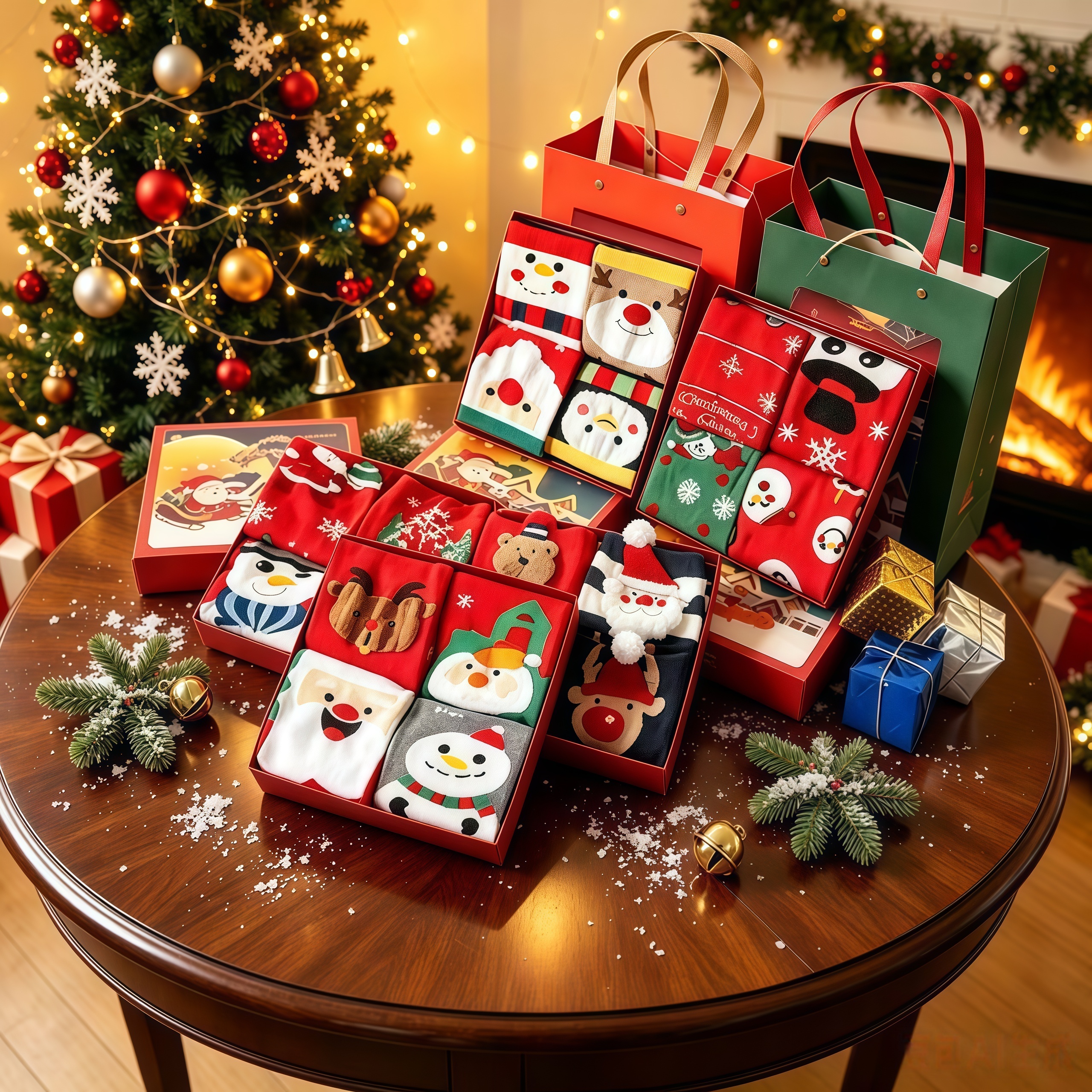 Christmas Socks Gift Set, 4‑Pair Festive Cotton Crew Socks, Holiday Christmas Gift for Women Men Family, Cute Santa Reindeer Snowman Printed Socks