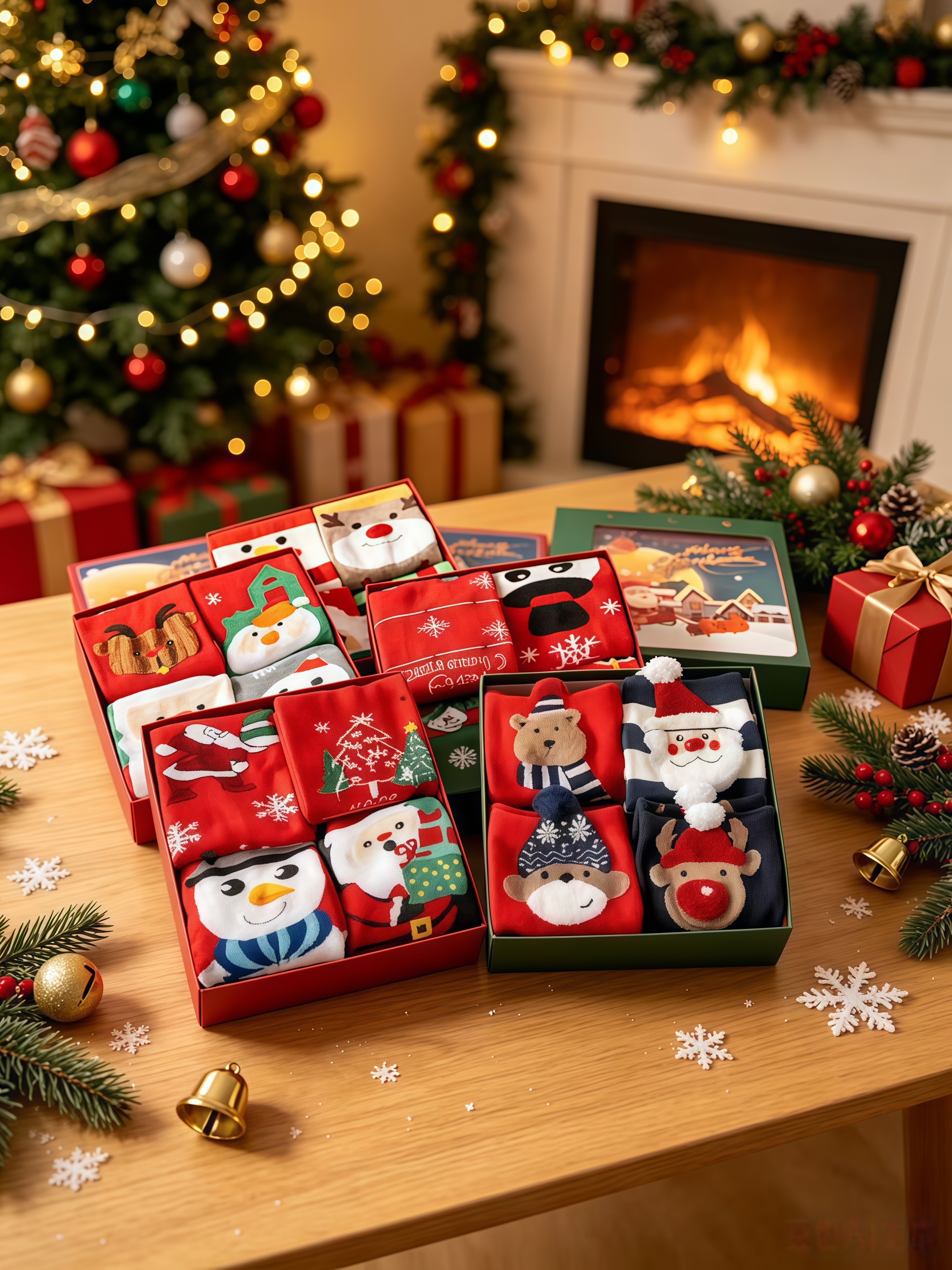 Christmas Socks Gift Set, 4‑Pair Festive Cotton Crew Socks, Holiday Christmas Gift for Women Men Family, Cute Santa Reindeer Snowman Printed Socks