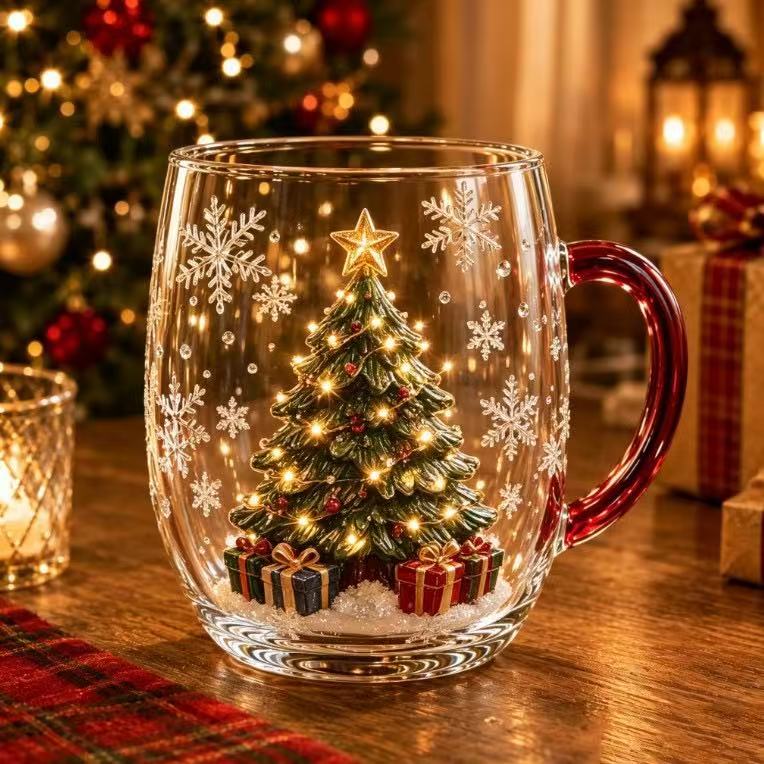 🎄✨ 3D Christmas Glass Art Cup | Luxury Raised Holiday Glassware for Drinks, Decor & Christmas Gifts 🎁
