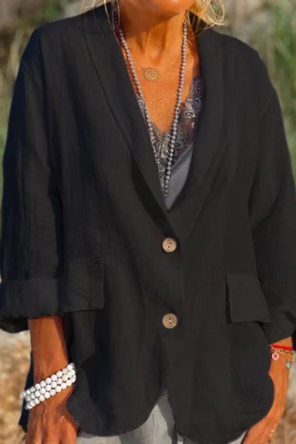 New plus-size, loose-fitting, solid color, button-down collar, linen-cotton blend blazer/suit jacket for women.