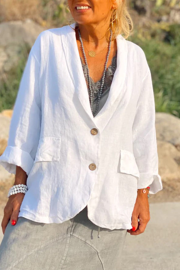 New plus-size, loose-fitting, solid color, button-down collar, linen-cotton blend blazer/suit jacket for women.