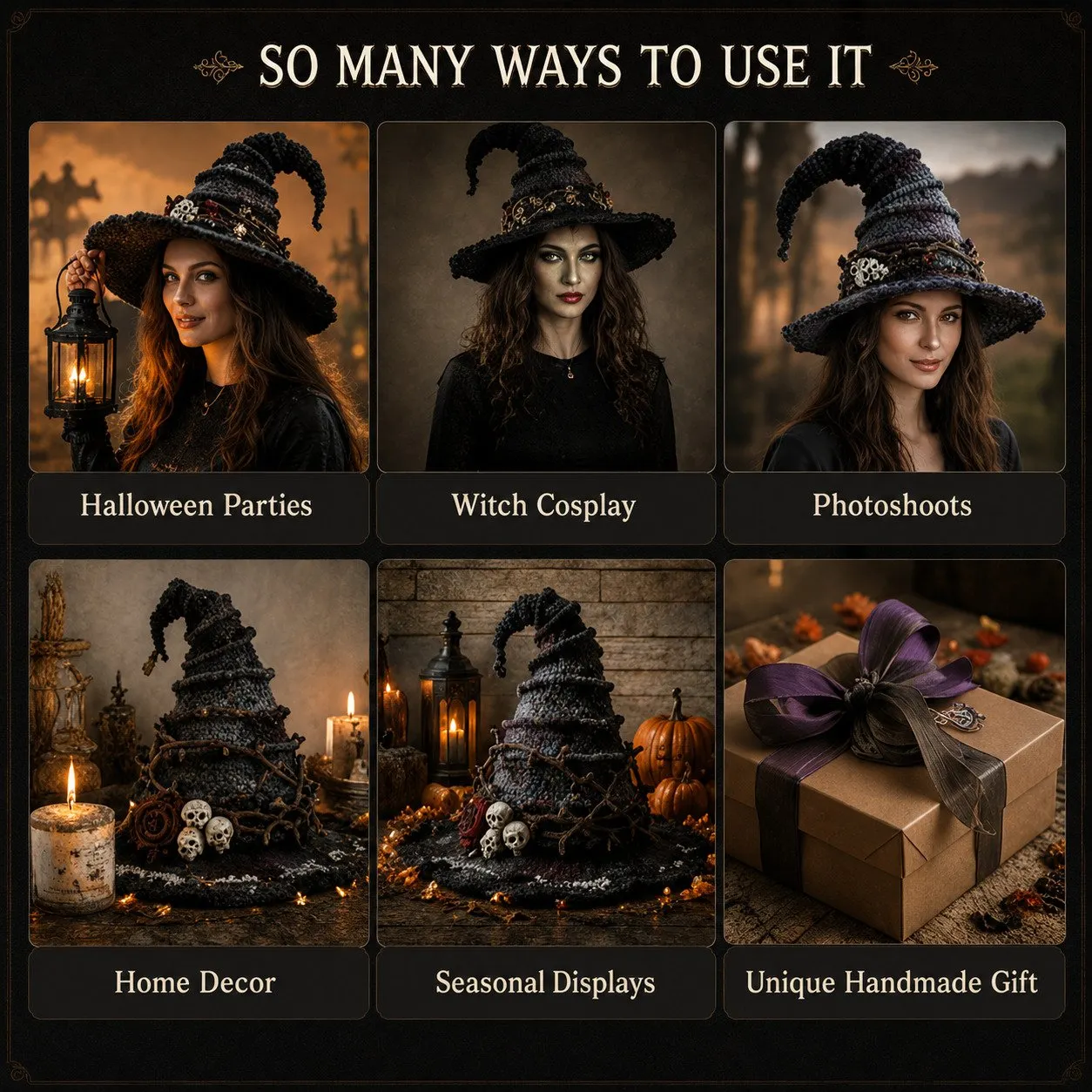Gehäkelter Hexenhut als Halloween-Accessoire und Dekoration