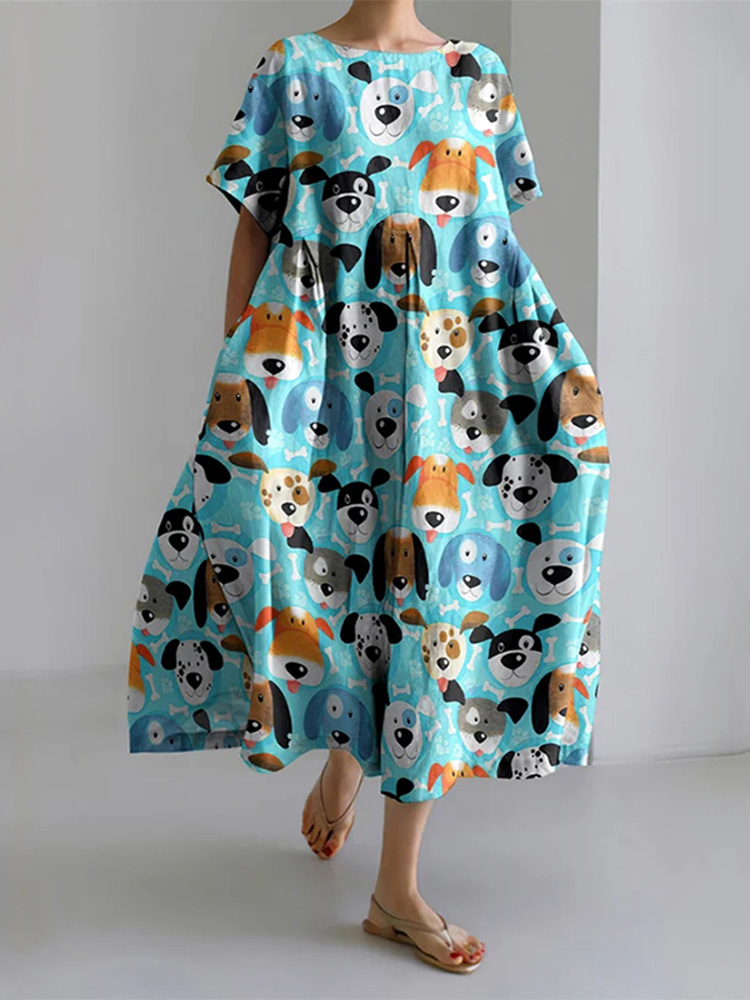 Women'S Funny Dog ​​Print Short Sleeve Linen Blend Midi Dress