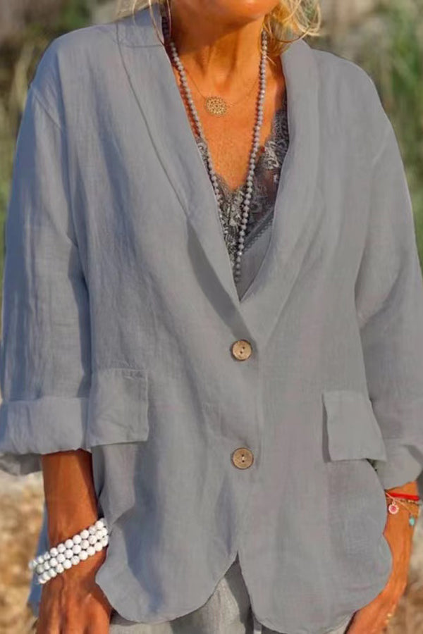 New plus-size, loose-fitting, solid color, button-down collar, linen-cotton blend blazer/suit jacket for women.