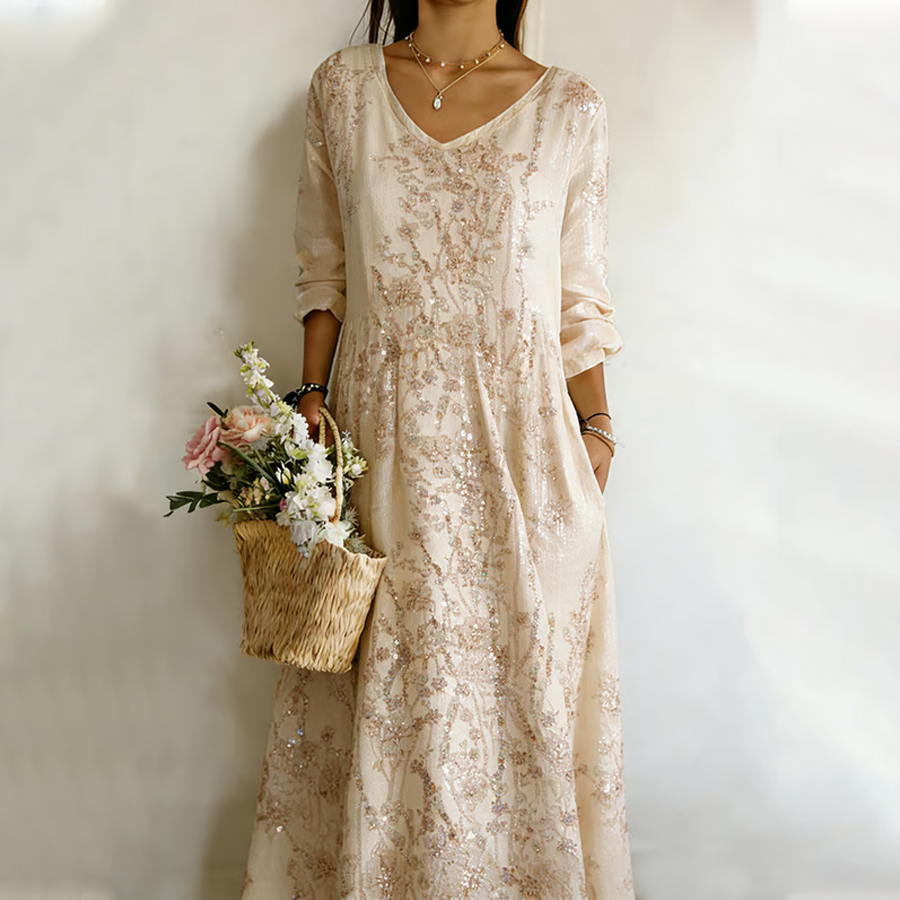 Women'S Elegant Floral Print V-Neck Linen Style Dress